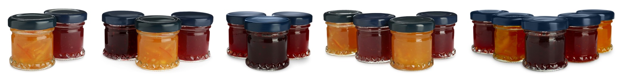 Set with jars of different tasty jam on white background. Banner design 