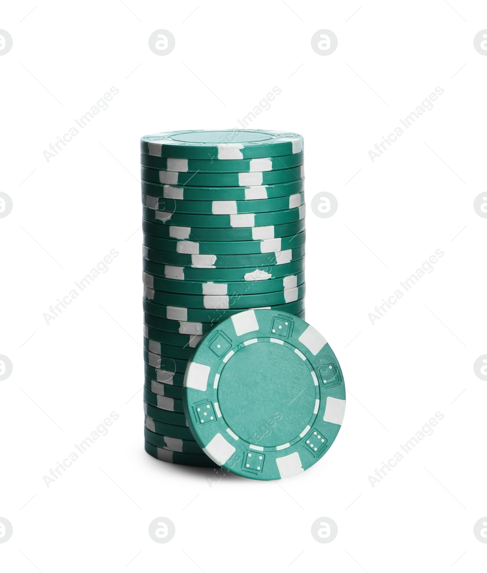 Photo of Green casino chips stacked on white background. Poker game