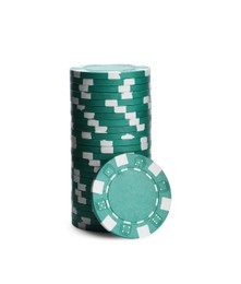 Photo of Green casino chips stacked on white background. Poker game