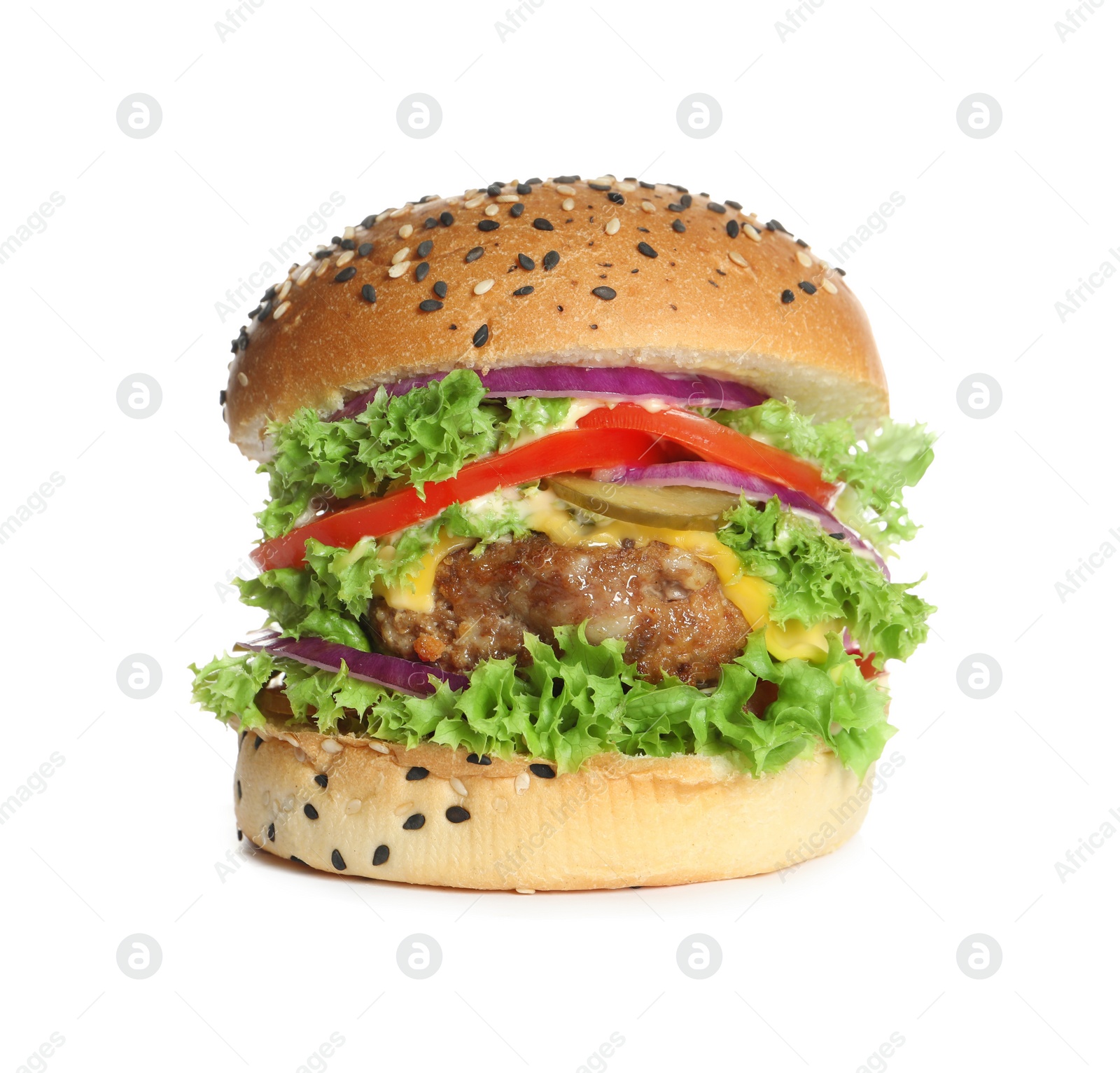 Burger with delicious patty isolated on white Photo of Burger with delicious patty isolated on white