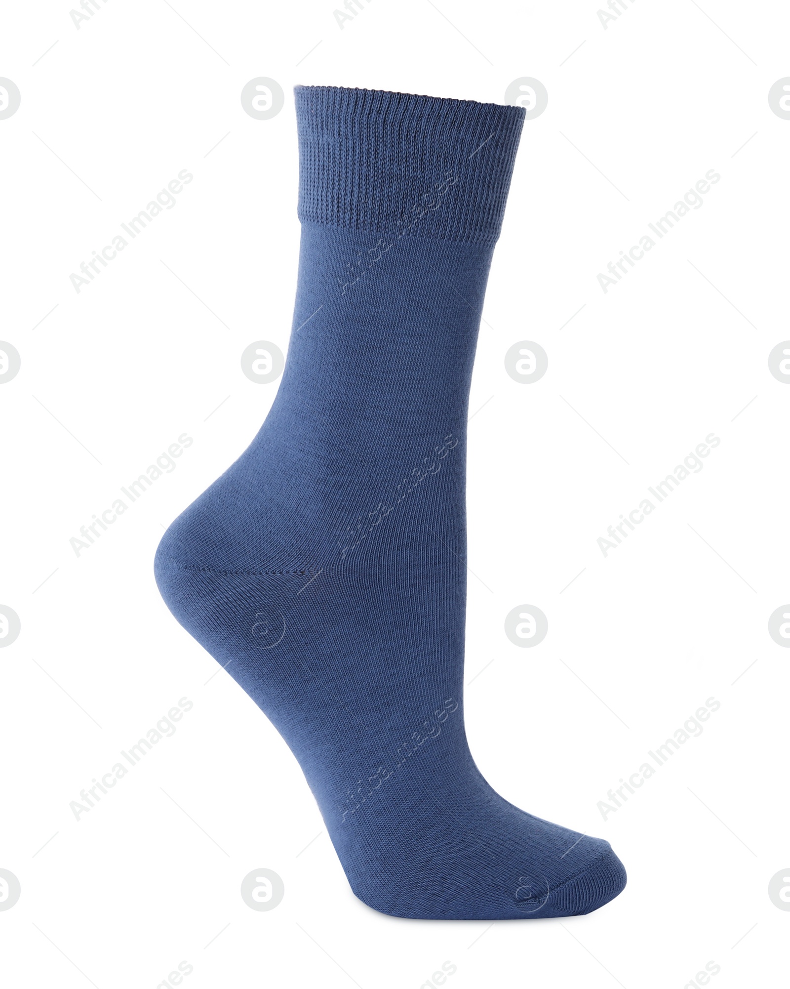 Photo of One new dark blue sock isolated on white