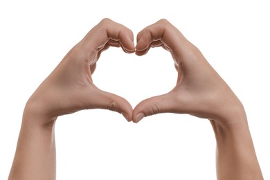 Photo of Woman making heart with hands on white background, closeup