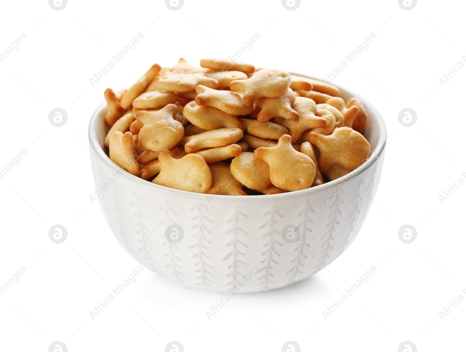 Photo of Delicious goldfish crackers in bowl isolated on white