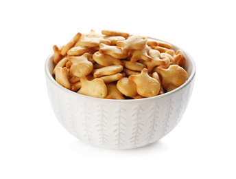 Delicious goldfish crackers in bowl isolated on white