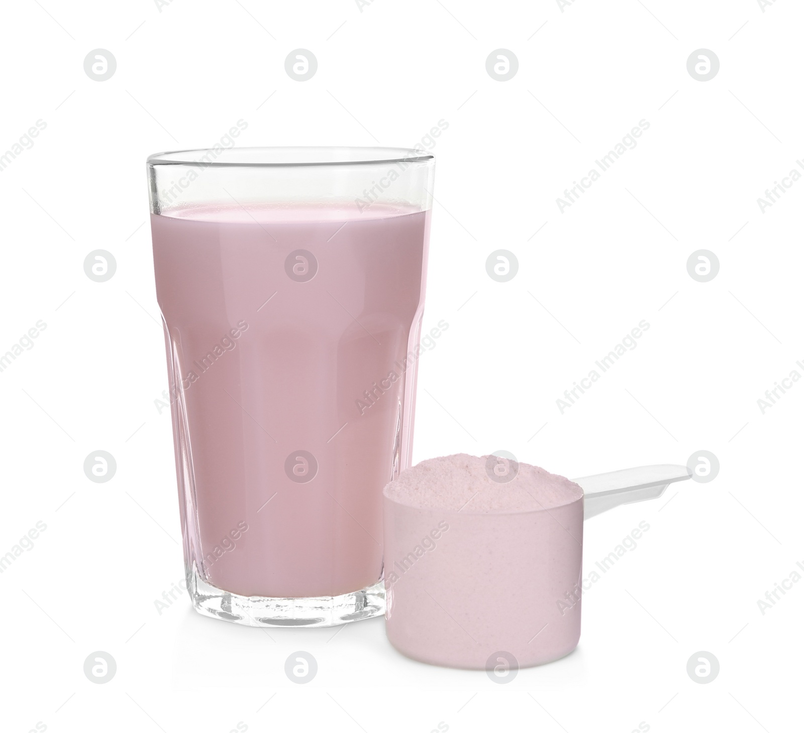 Photo of Protein shake and powder isolated on white