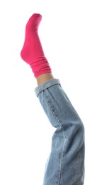 Woman wearing bright sock on white background, closeup