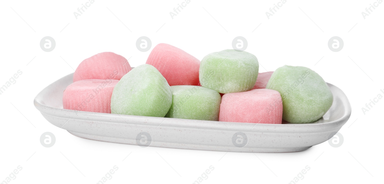 Photo of Plate with different delicious mochi on white background. Traditional Japanese dessert