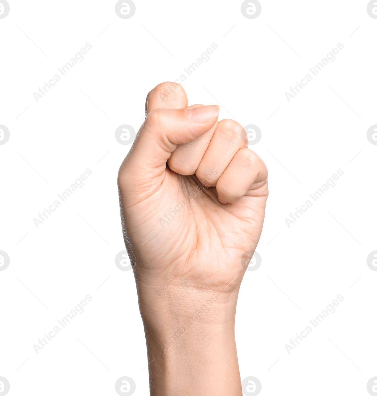 Photo of Woman showing S letter on white background, closeup. Sign language