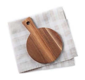 Photo of Wooden cutting board and kitchen towel on white background, top view