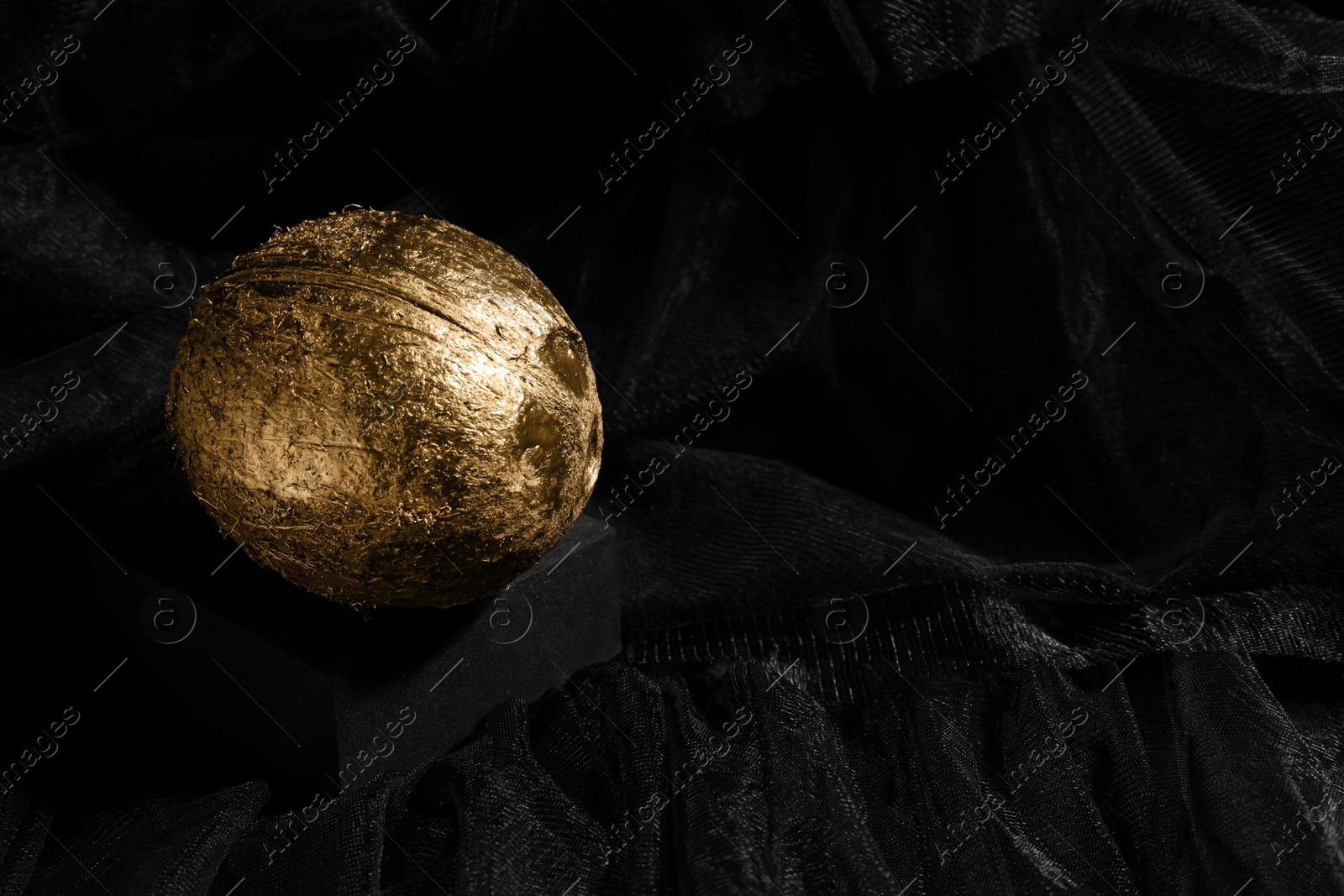 Photo of Golden coconut on black fabric. Space for text