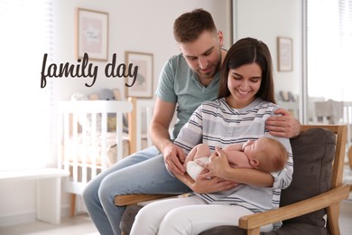 Image of Happy couple with their newborn baby at home. Happy Family Day