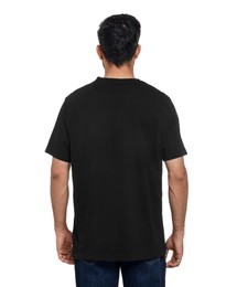 Photo of Man in black t-shirt on white background, back view