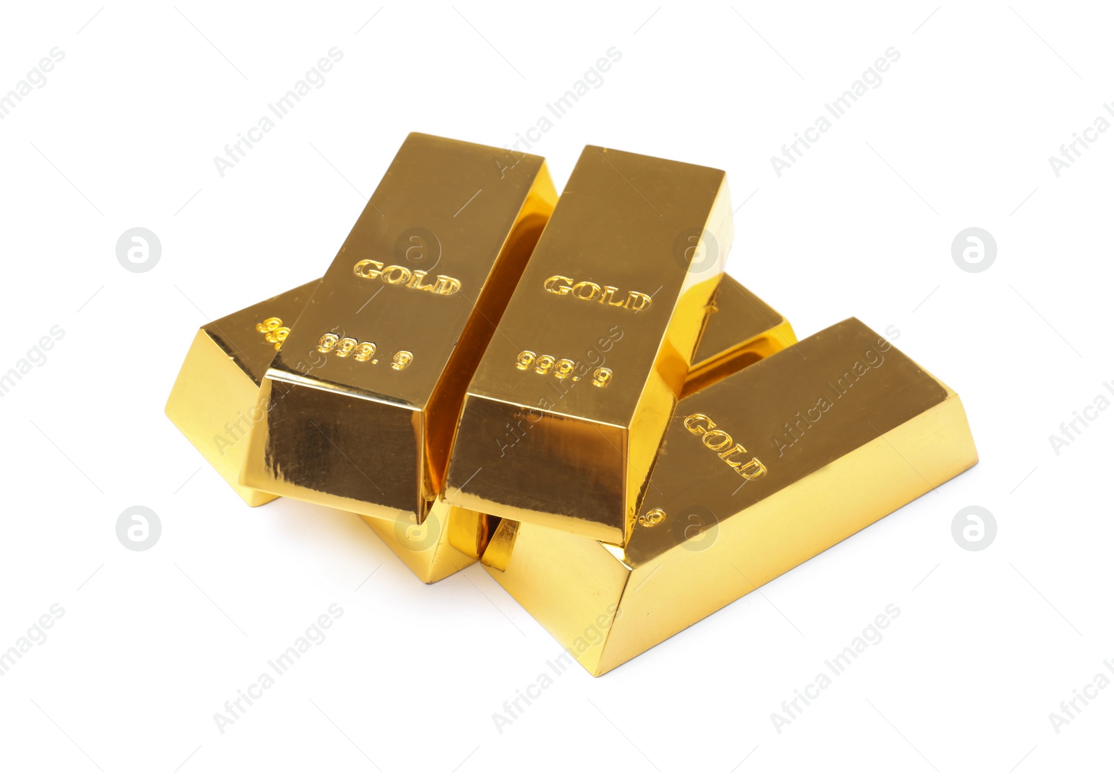 Photo of Precious shiny gold bars on white background