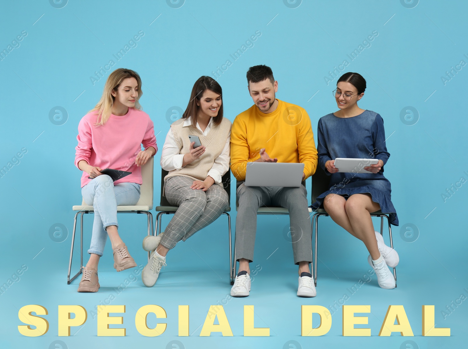 Image of Group of people on light blue background. Shopping online - special deal