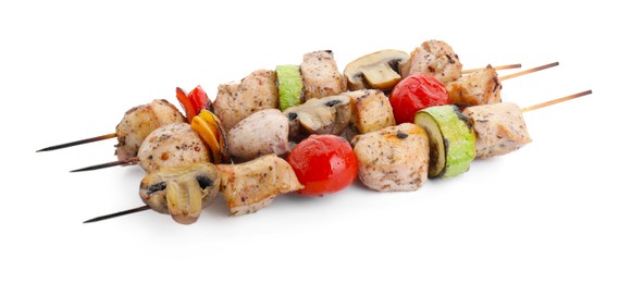 Photo of Delicious shish kebabs and grilled vegetables isolated on white