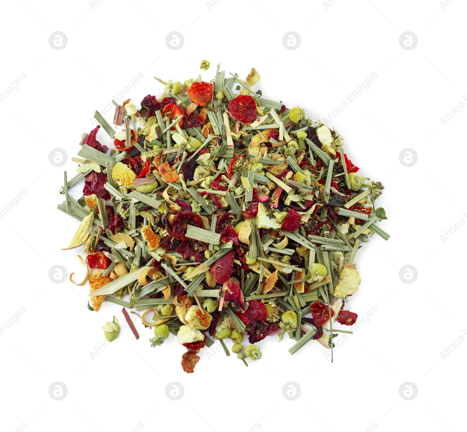 Photo of Pile of aromatic herbal tea isolated on white, top view