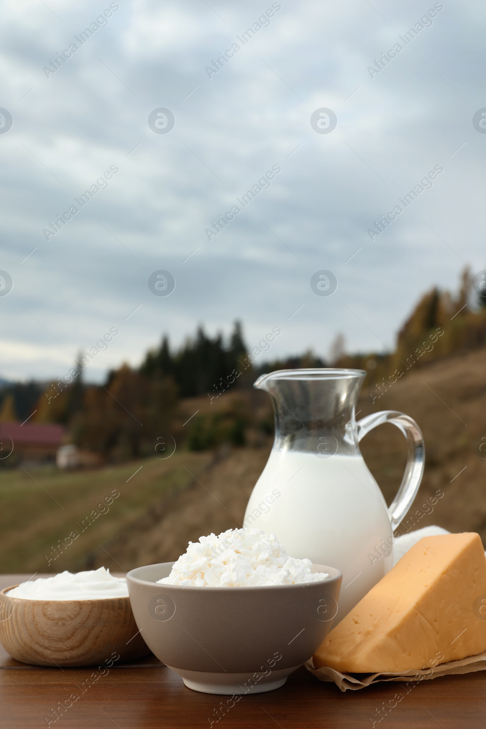 Photo of Tasty cottage cheese and other fresh dairy products on wooden table in mountains