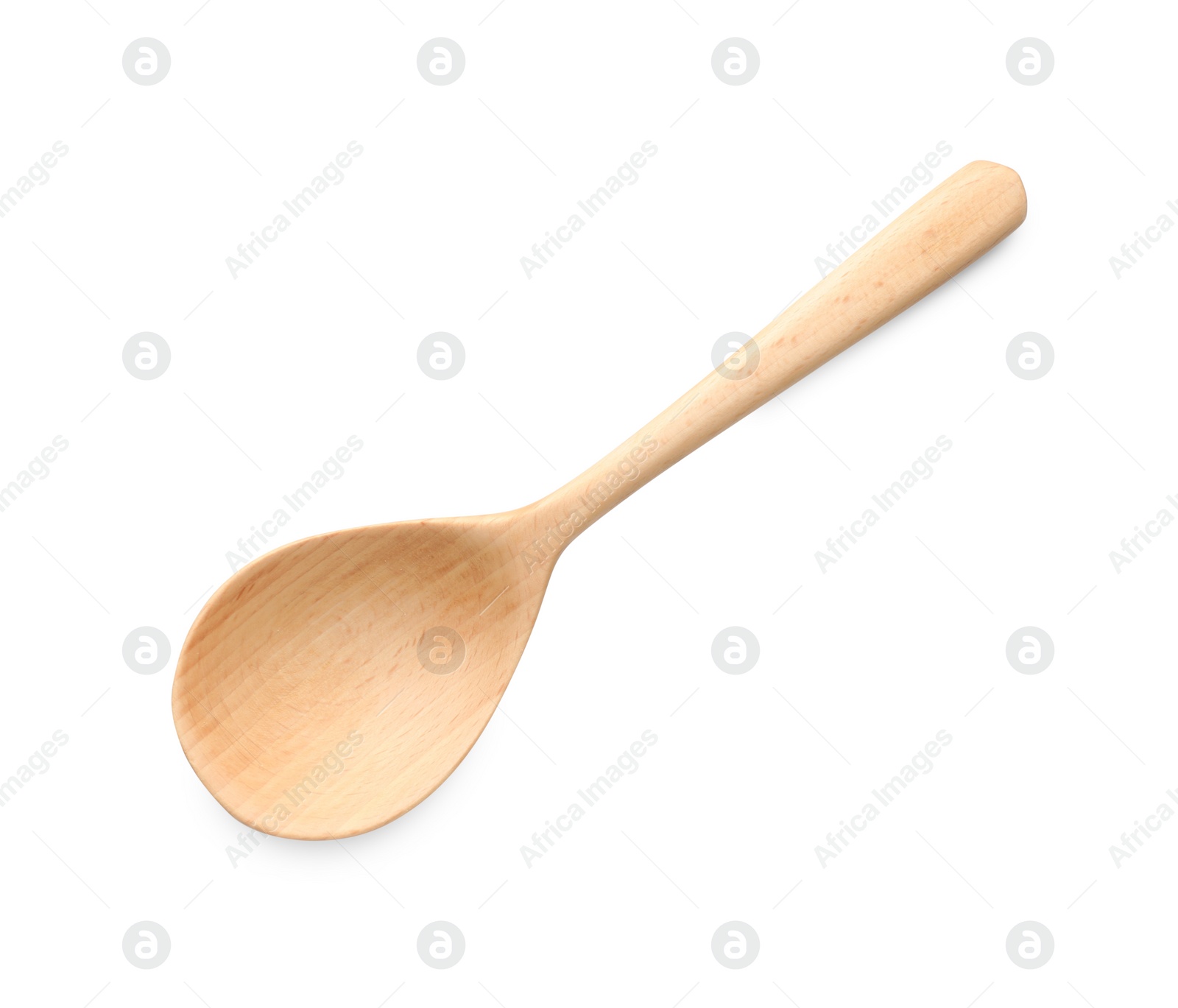 Photo of One empty wooden spoon isolated on white, top view