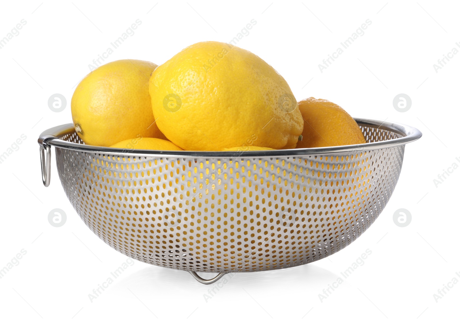 Photo of Colander with fresh lemons isolated on white