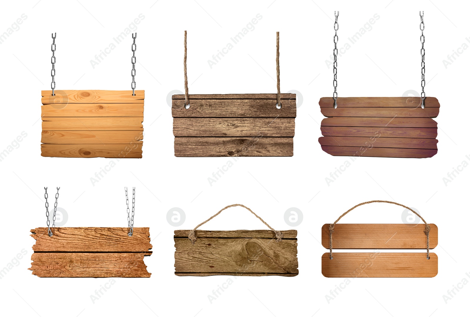 Image of Set with different empty wooden signs on white background. Mockup for design