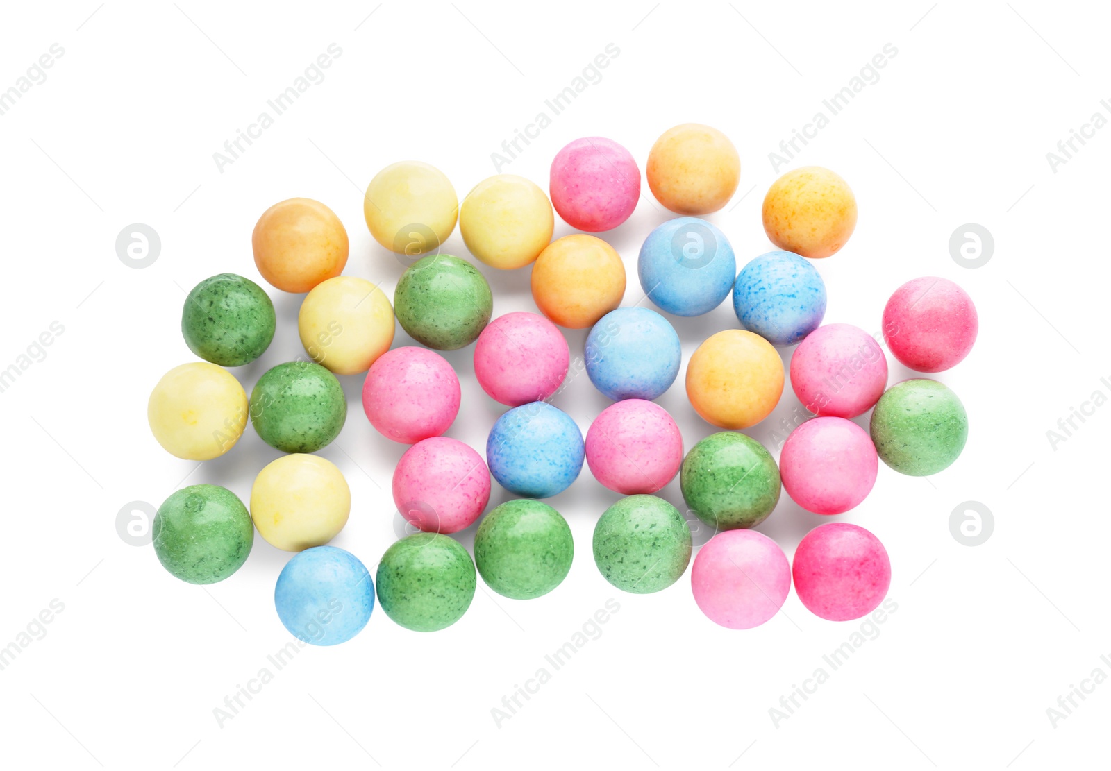 Photo of Many bright chewy gumballs isolated on white