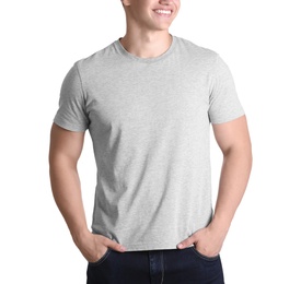 Photo of Young man in grey t-shirt on white background. Mockup for design