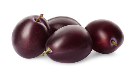 Photo of Delicious fresh ripe plums on white background