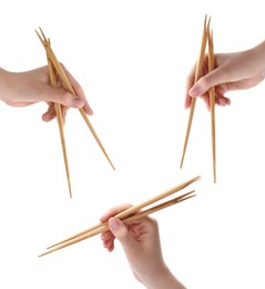 Image of Woman holding chopsticks isolated on white, closeup. Collage with photos