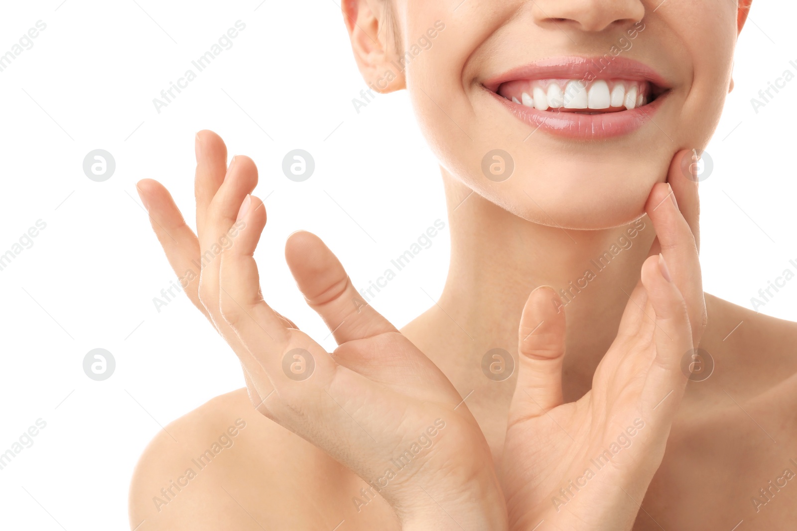 Photo of Young woman with silky skin on white background, closeup