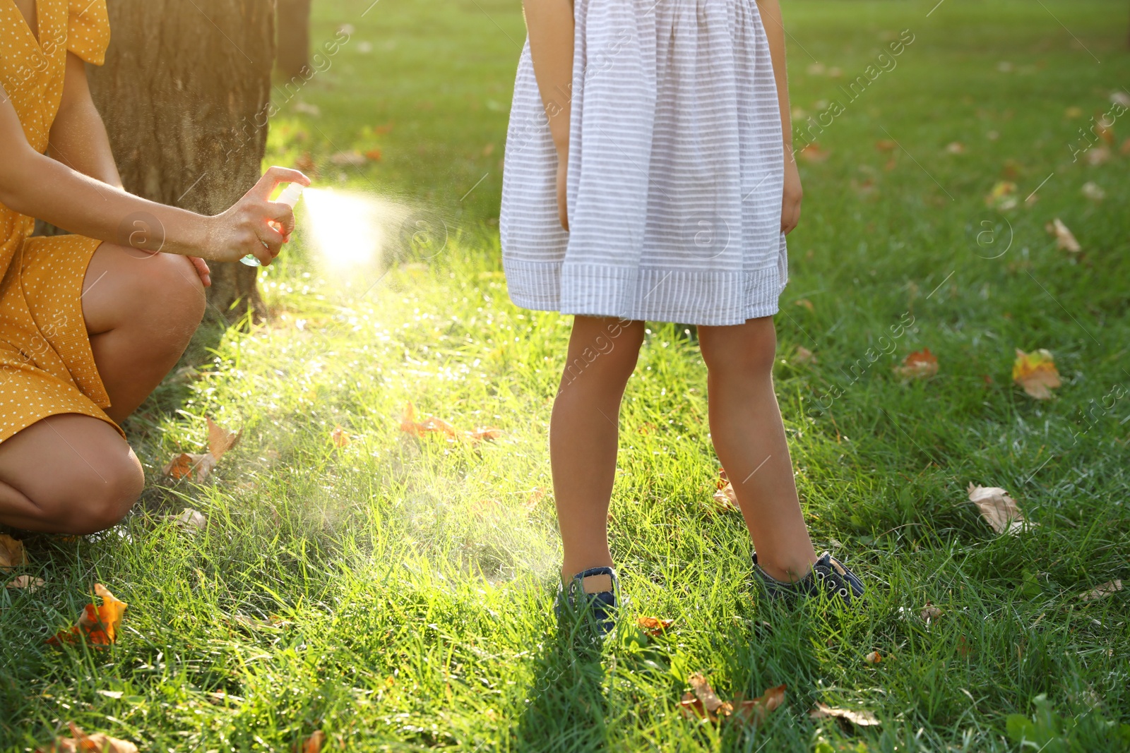 Photo of Mother applying insect repellent onto girl's leg in park, closeup