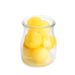Photo of Glass jar of melon balls on white background