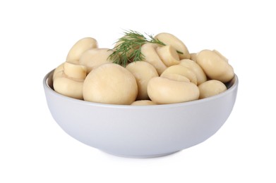 Photo of Tasty marinated mushrooms in bowl isolated on white