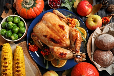 Photo of Composition with turkey as background, top view. Happy Thanksgiving day