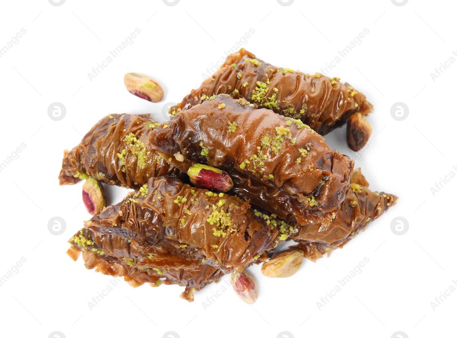 Photo of Delicious baklava with pistachio nuts on white background, top view