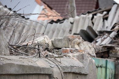 Closeup view of ruined house after strong earthquake