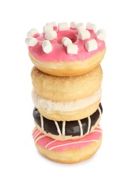 Stacked sweet tasty glazed donuts on white background