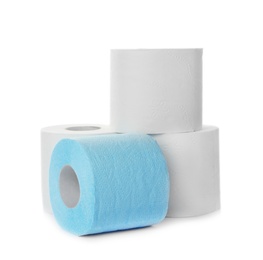 Photo of Rolls of toilet paper on white background