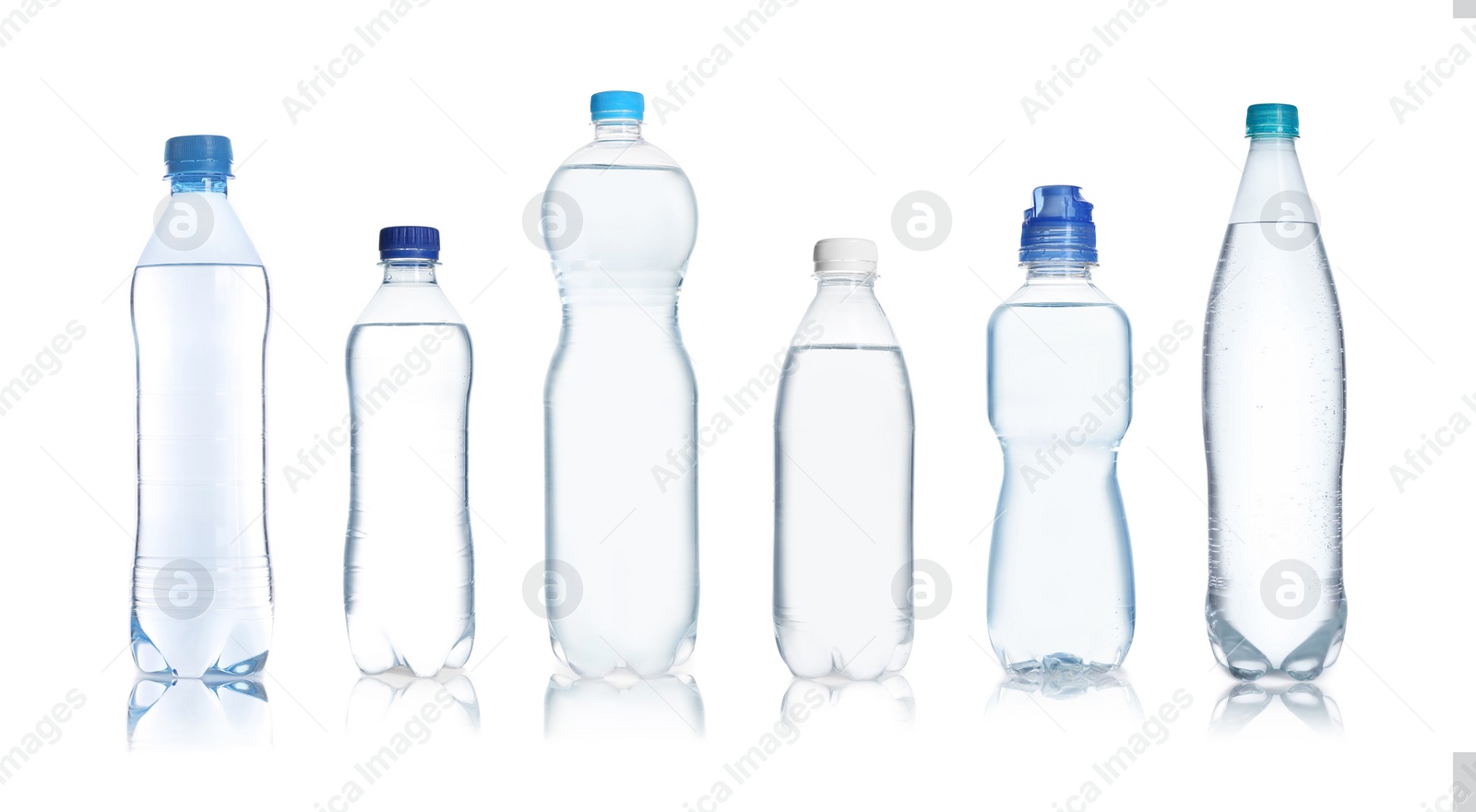 Image of Set with different bottles of pure water on white background. Banner design