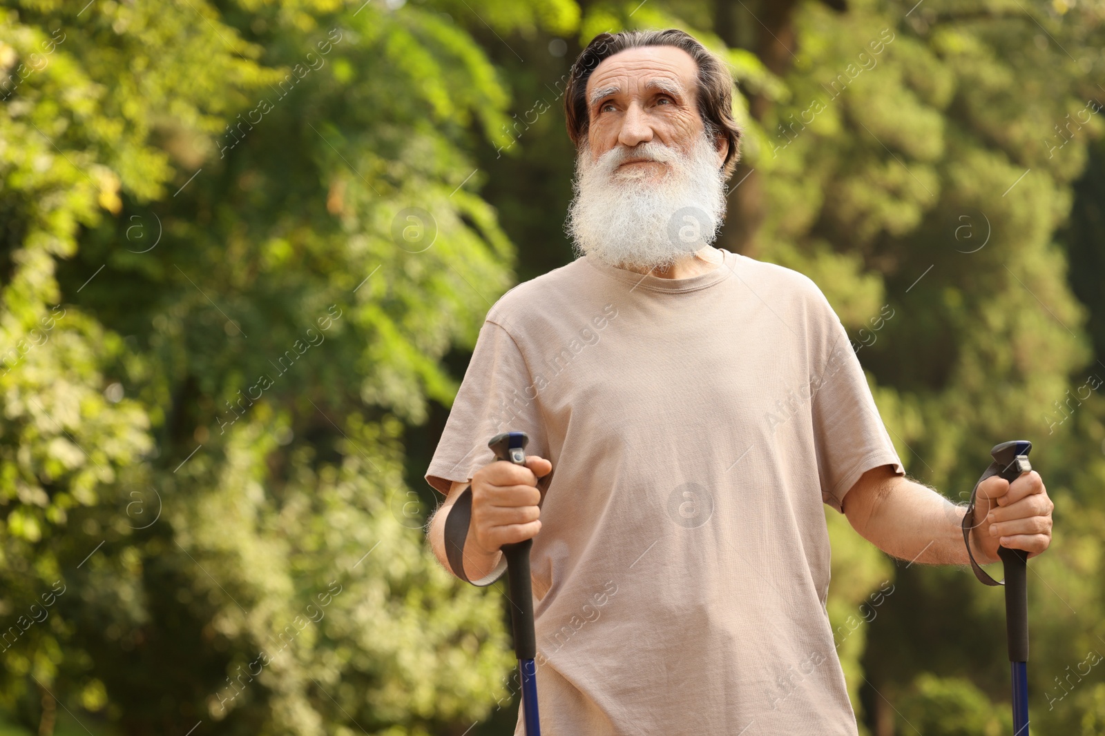 Photo of Senior man with Nordic walking poles outdoors, space for text. Low angle view