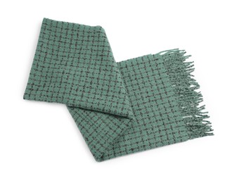 Photo of One beautiful green scarf on white background, top view