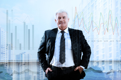 Image of Multiple exposure of businessman, scheme and cityscape. Trade concept
