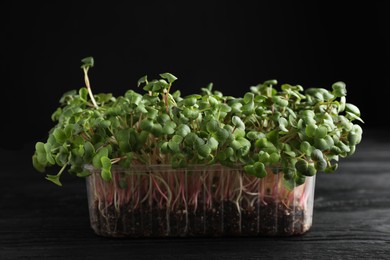 Fresh radish microgreens in plastic container on black wooden table