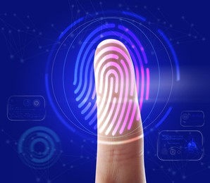 Image of Man using biometric fingerprint scanner on blue background, closeup