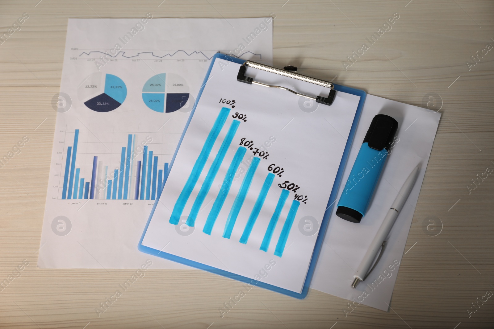 Photo of Business process planning and optimization. Workplace with different graphs, marker and pen on wooden table, top view