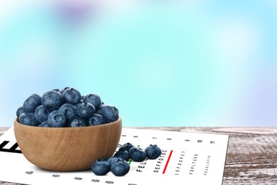 Image of Improving eyesight. Vision test chart and blueberries on wooden table. Space for text