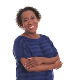 Photo of Portrait of happy African-American woman on white background