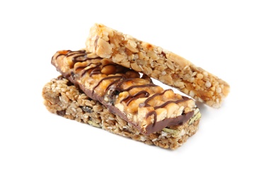 Different grain cereal bars on white background. Healthy snack