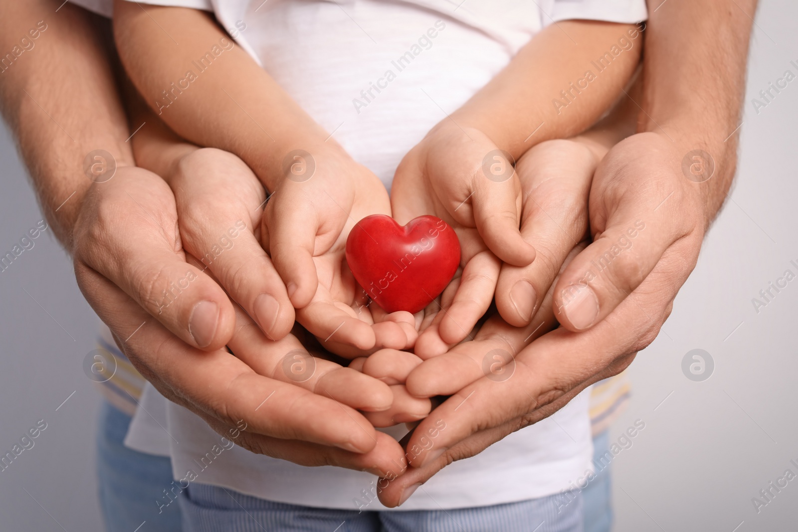 Photo of Family holding small red heart in hands together, closeup