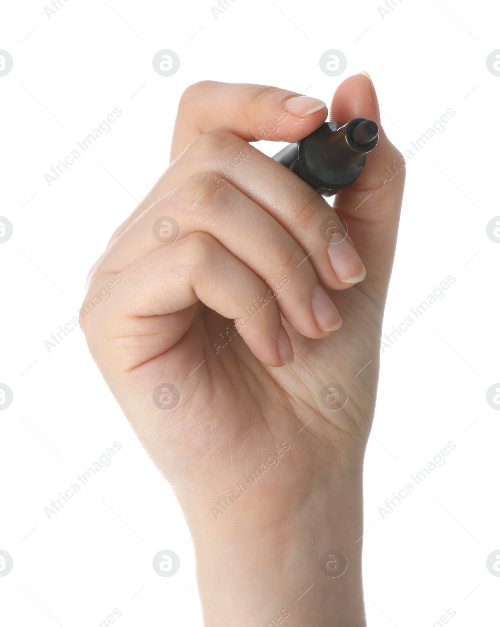 Photo of Woman holding black marker on white background, closeup