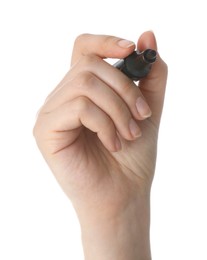 Woman holding black marker on white background, closeup